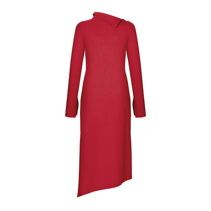 Red Long Sleeve High Neck Asymmetrical Shift Basic Midi