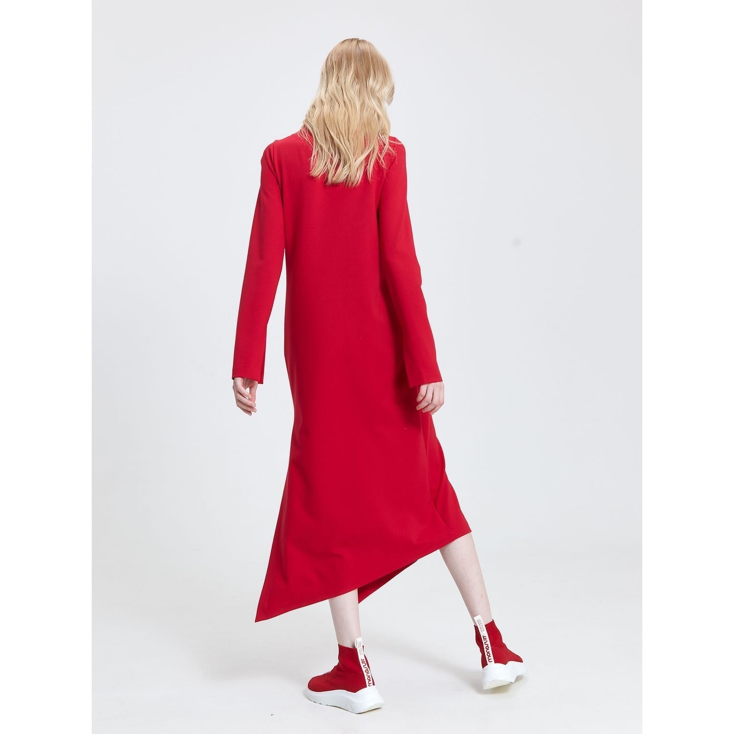 Red Long Sleeve High Neck Asymmetrical Shift Basic Midi