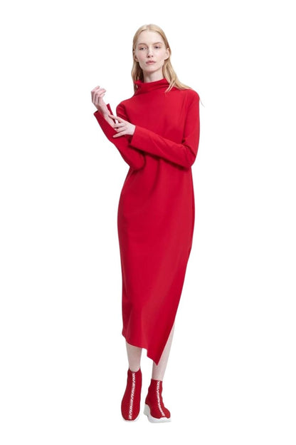 Red Long Sleeve High Neck Asymmetrical Shift Basic Midi