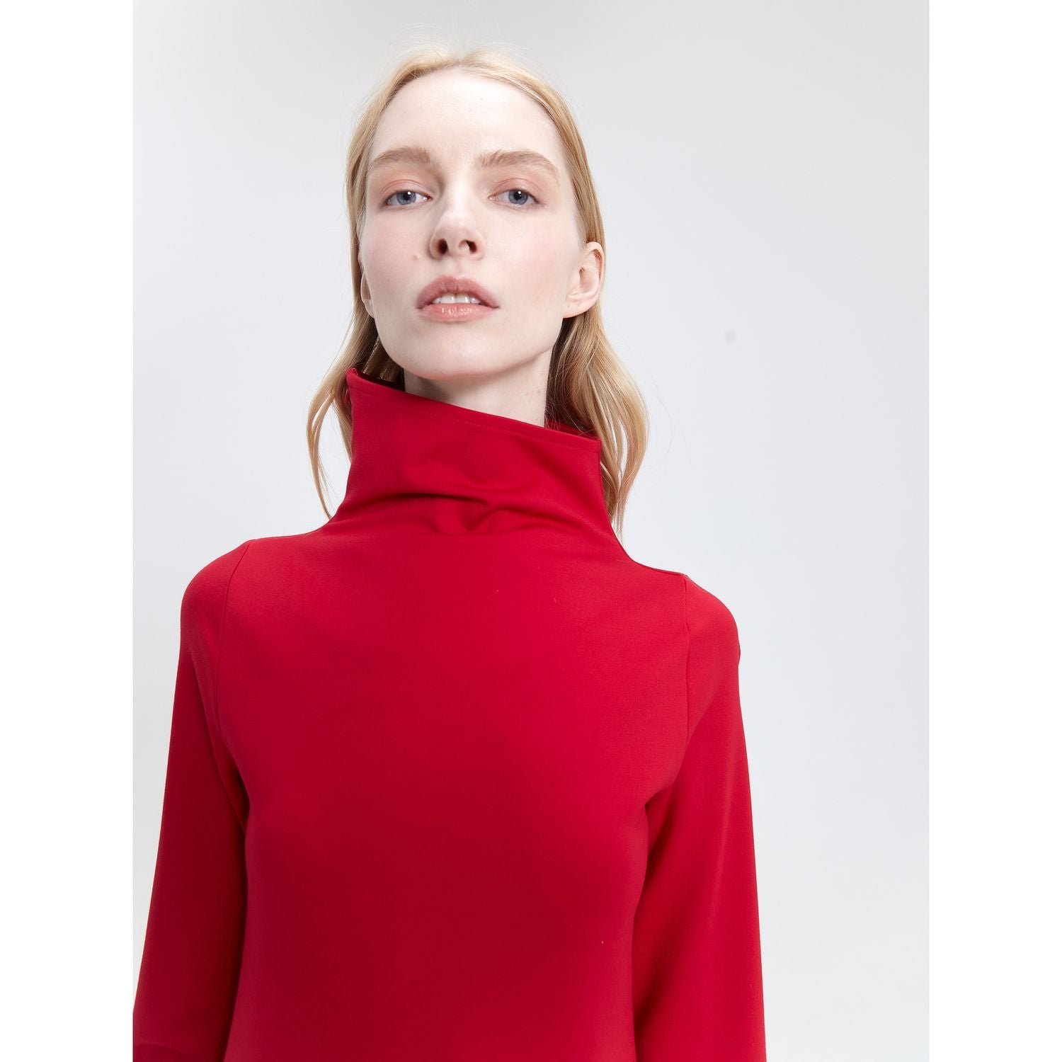 Red Long Sleeve High Neck Asymmetrical Shift Basic Midi