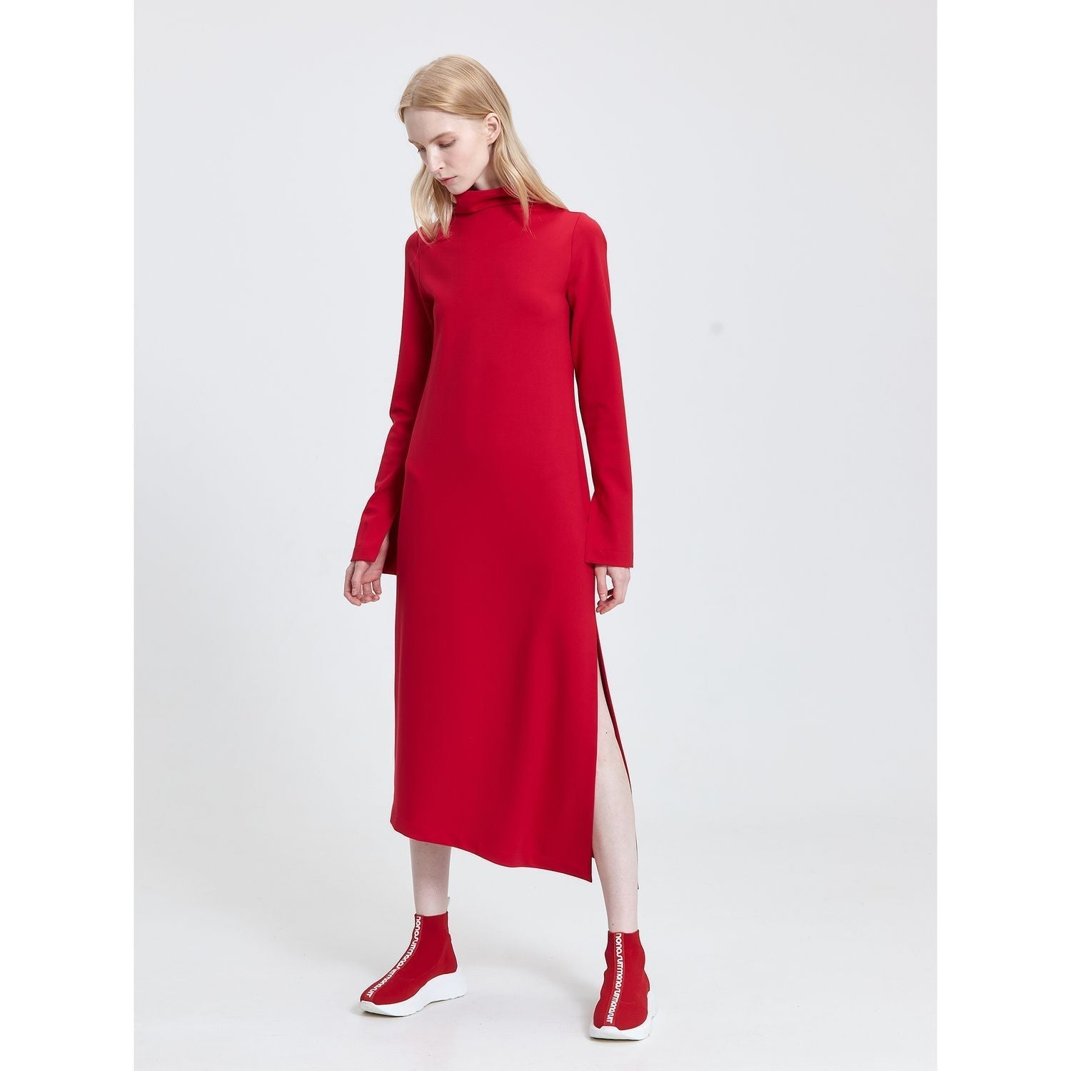 Red Long Sleeve High Neck Asymmetrical Shift Basic Midi