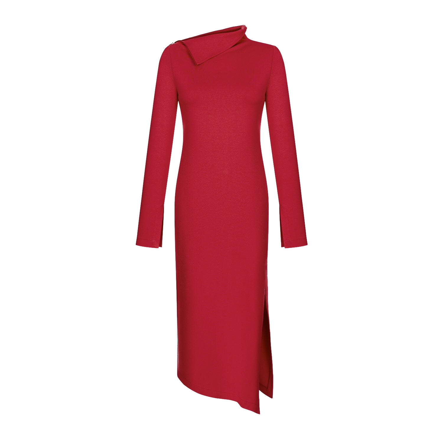 Red Long Sleeve High Neck Asymmetrical Shift Basic Midi