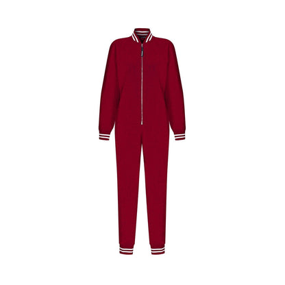 Red Long Sleeve Velvet Casual Zip-Up Bomber Jumpsuit