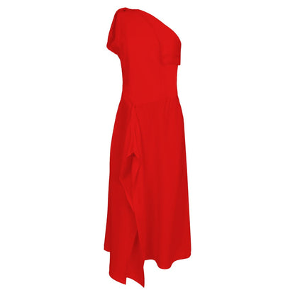 Red One-Shoulder Asymmetrical Ruffle Flared Evening Midi