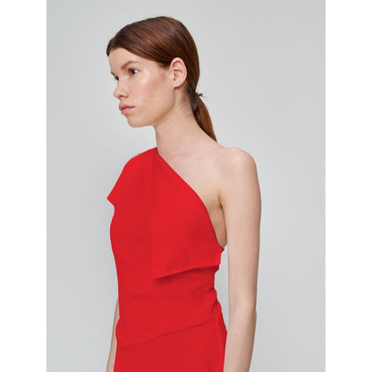 Red One-Shoulder Asymmetrical Ruffle Flared Evening Midi