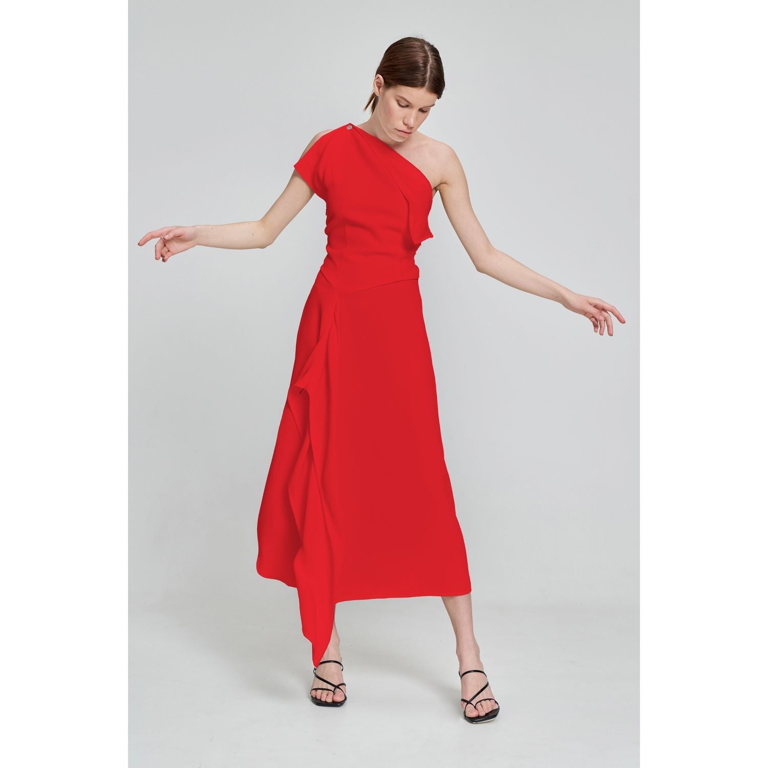 Red One-Shoulder Asymmetrical Ruffle Flared Evening Midi