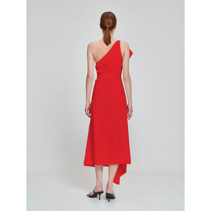 Red One-Shoulder Asymmetrical Ruffle Flared Evening Midi