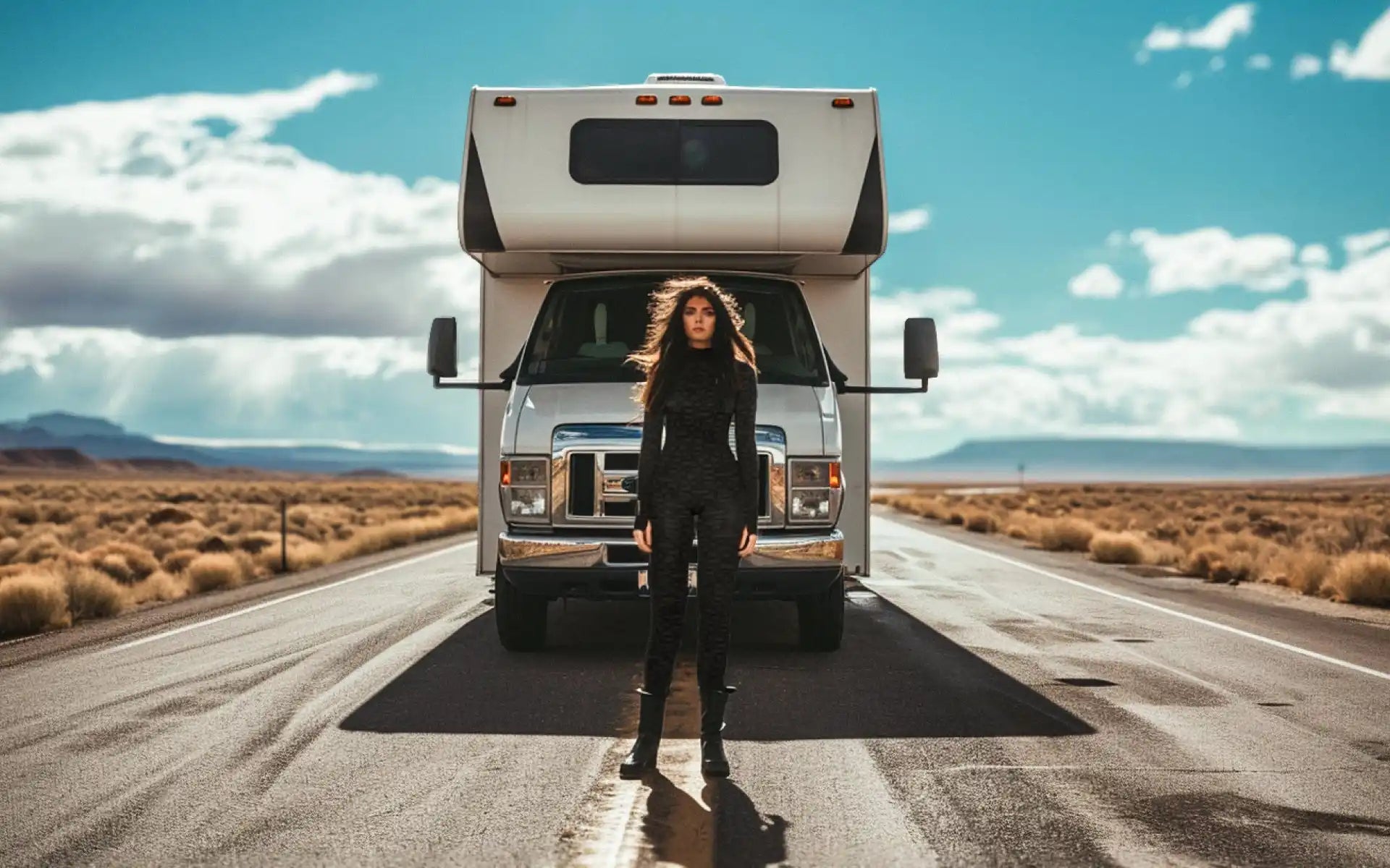 RV camper van parked on a desert highway.