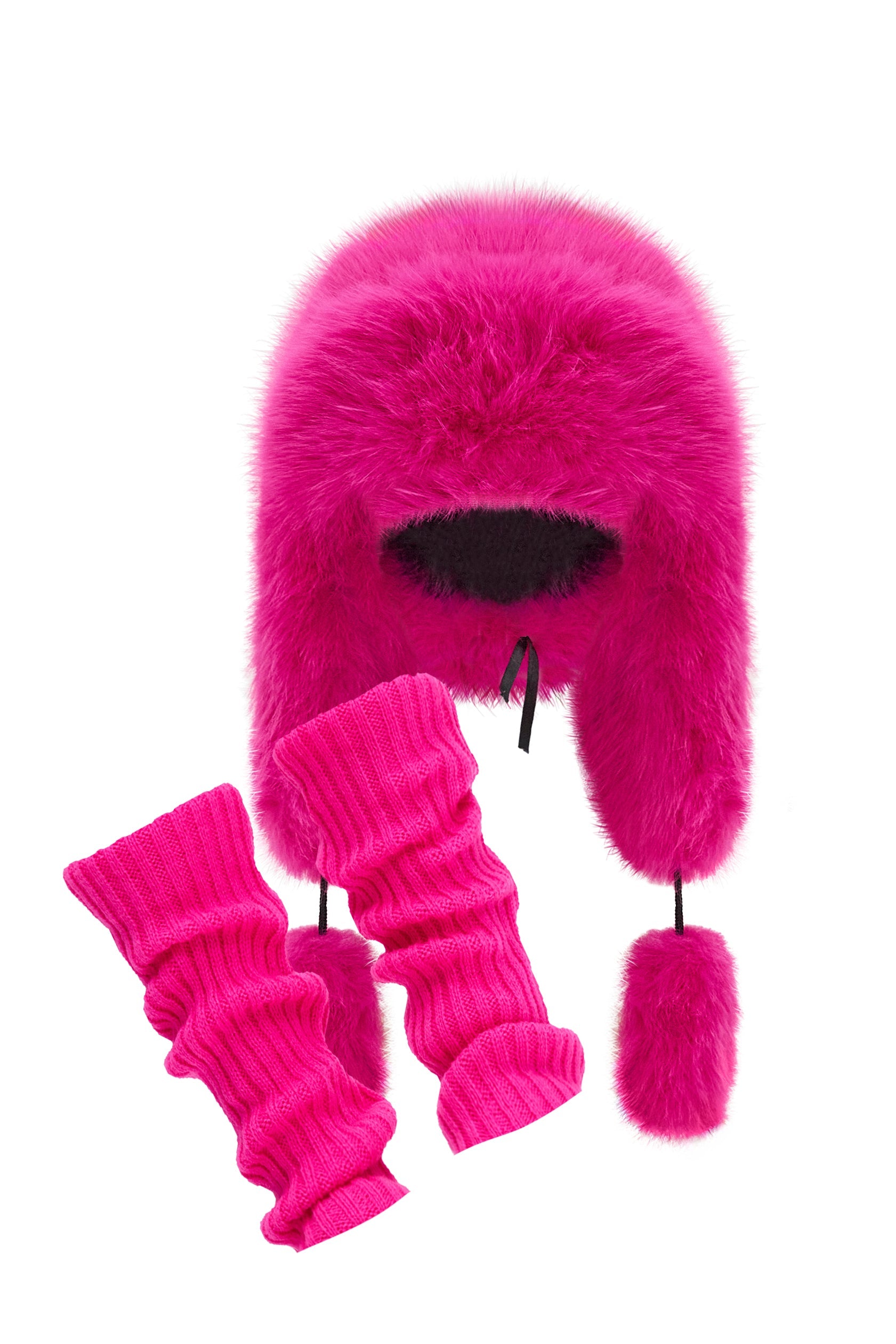 Set Fuchsia Knitted Leg Warmers & Fancy Poodle Faux Fur Hat