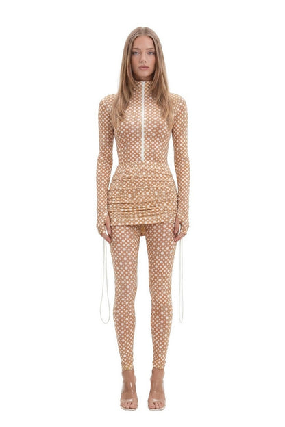 Set Beige Long Sleeve Turtleneck Full Bodysuit & Beige Teeny-Tiny Skirt
