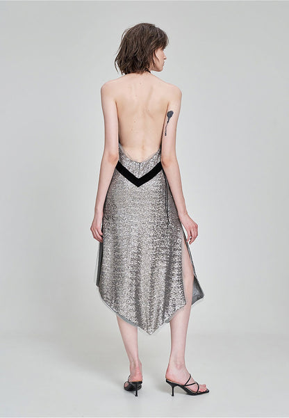 Silver Sleeveless Halter Neck Backless Asymmetrical Sequin