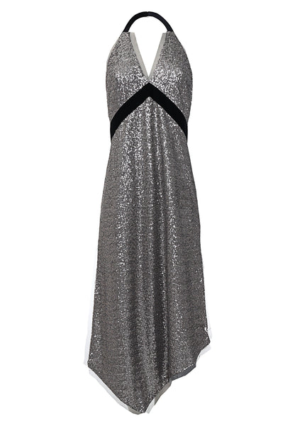 Silver Sleeveless Halter Neck Backless Asymmetrical Sequin