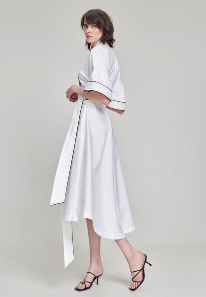 White 3/4 Wide Sleeve V-Neck Wrap Belted Denim Casual