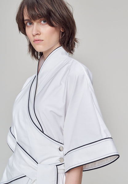 White 3/4 Wide Sleeve V-Neck Wrap Belted Denim Casual