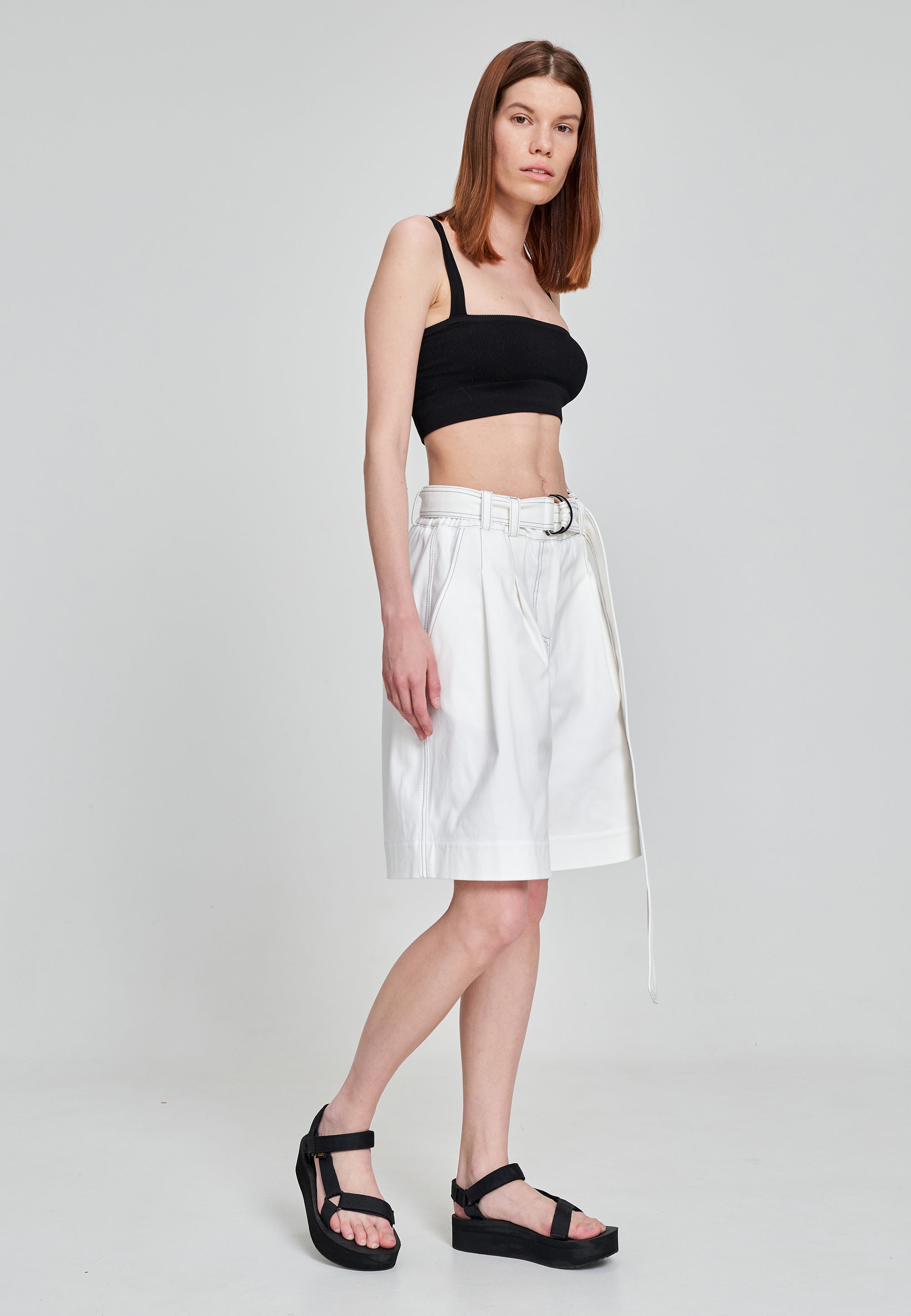 White Bermuda High-Waist Pleated Wide-Leg Relaxed Fit