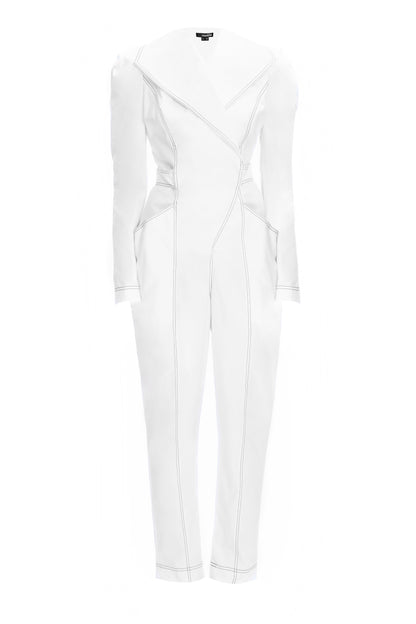 White Long Sleeve Shawl Collar Fitted Belted Formal