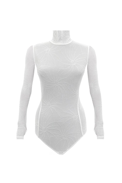 White Mesh Long Sleeve Turtleneck Bodysuit - Bodysuit