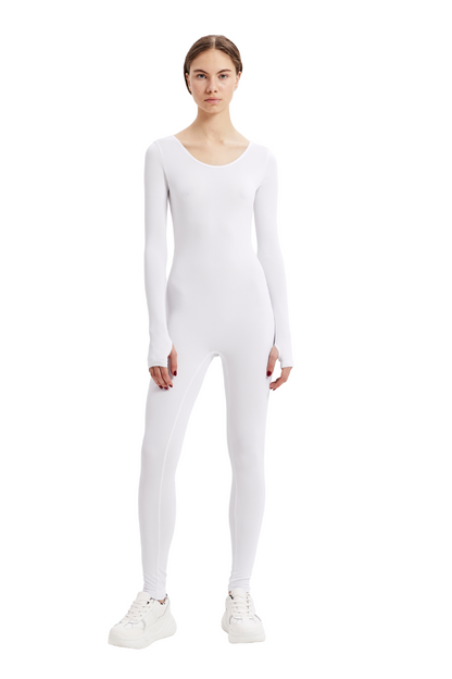 White Scoop Neck Long Sleeve Full Bodysuit - Bodysuit