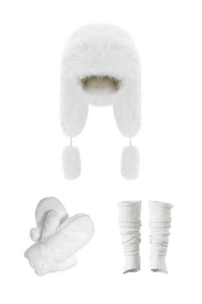 Winter Warmth Bundle: White Hat Fur Mittens & Knitted Leg